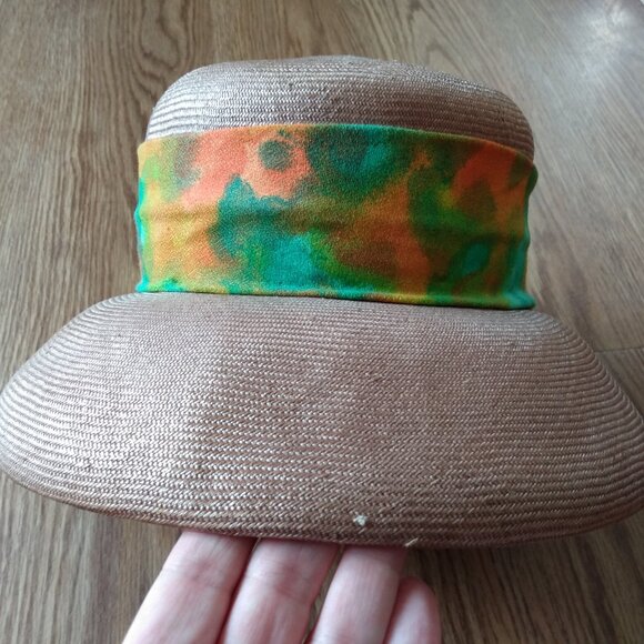 Vintage Taupe Straw Hat Tropical Orange Green Sash Sunhat Front Brim Rockabilly - Picture 6 of 12